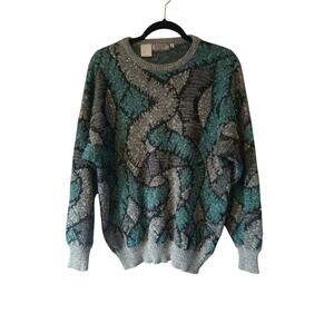 Vintage Bugatchi Sweater Mens M Crew Neck Pullover 90s 80s Print Teal Grey